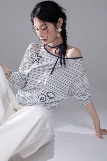 オフショルリボンスターフィッシュストライプTシャツ