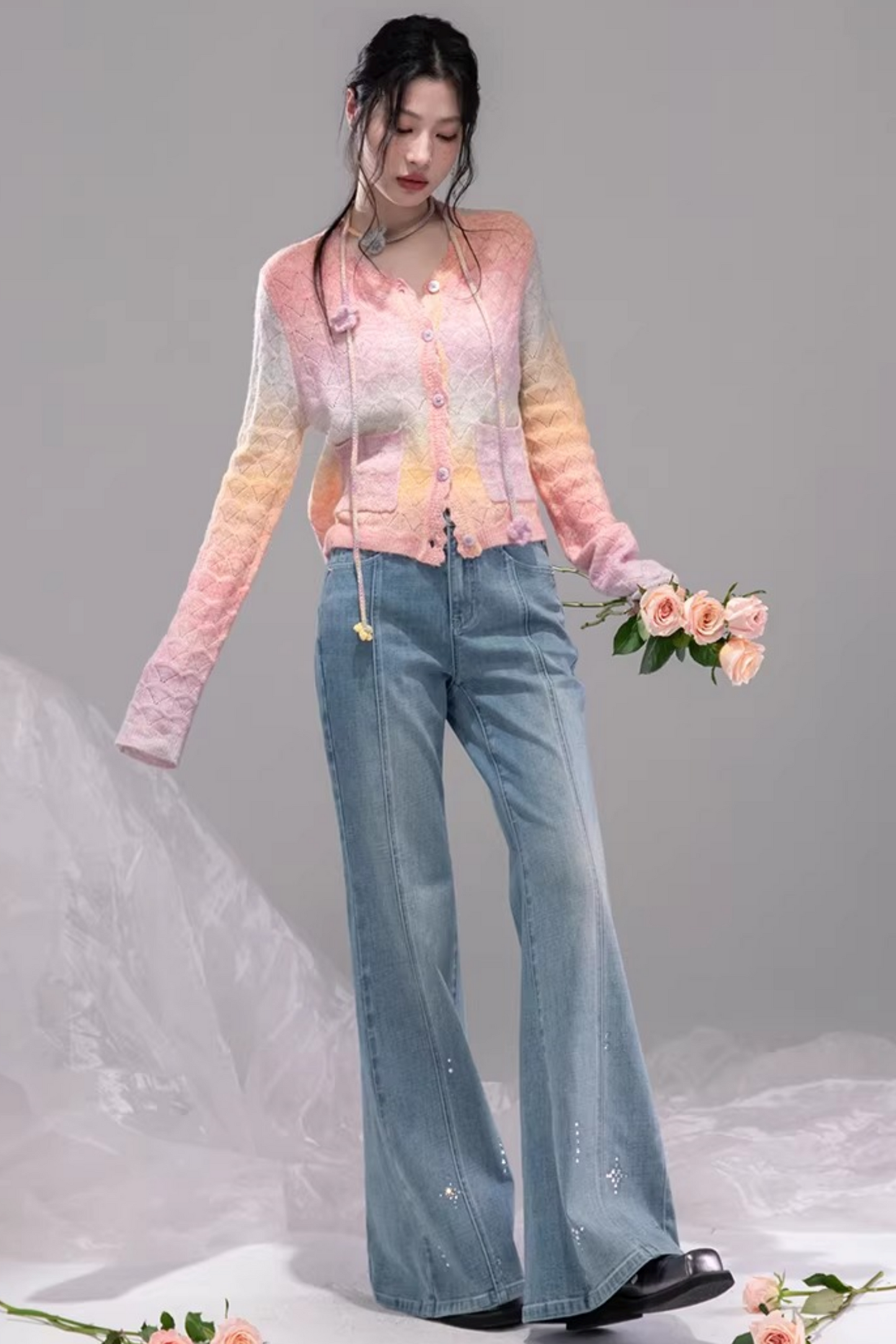 スターレイトブルーラインストーンフレアデニムパンツ