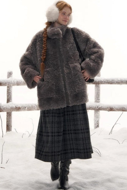 Reversible suede stand collar fur coat