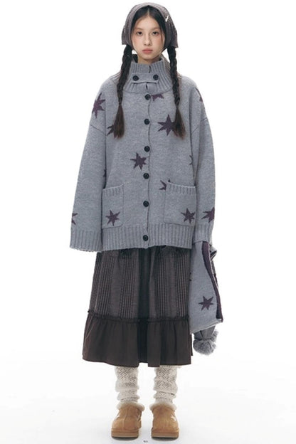 Reversible Star Cardigan + Fur Ball Hooded Scarf
