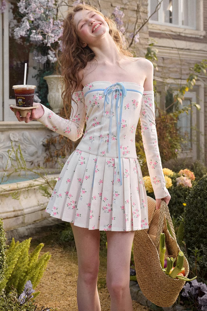 블루 벨벳 꽃무늬 리본 드레스