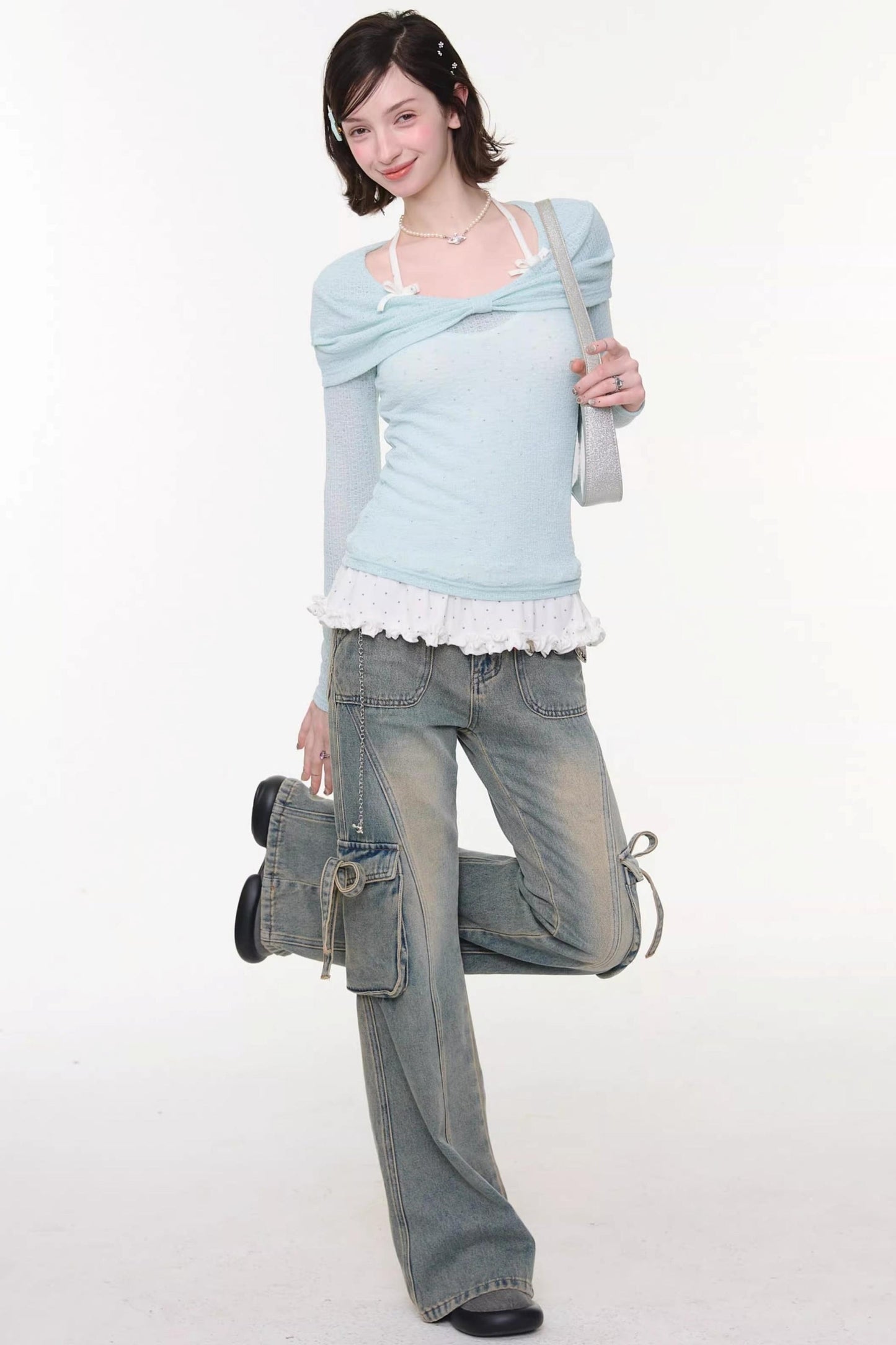 Ribbon Osh Pocket Flare Denim Pants