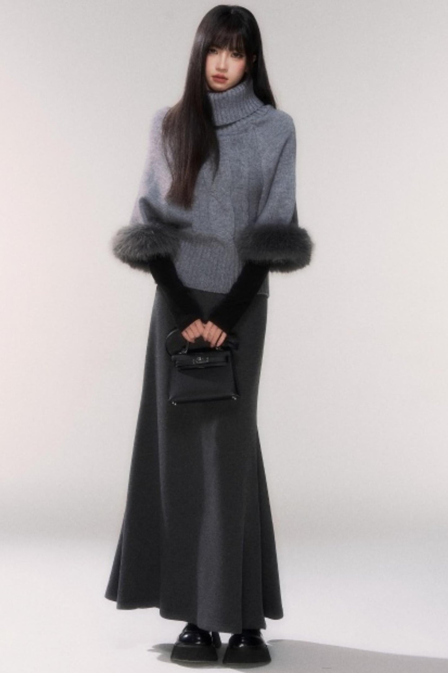 Gray Knit Twist Cape Sweater