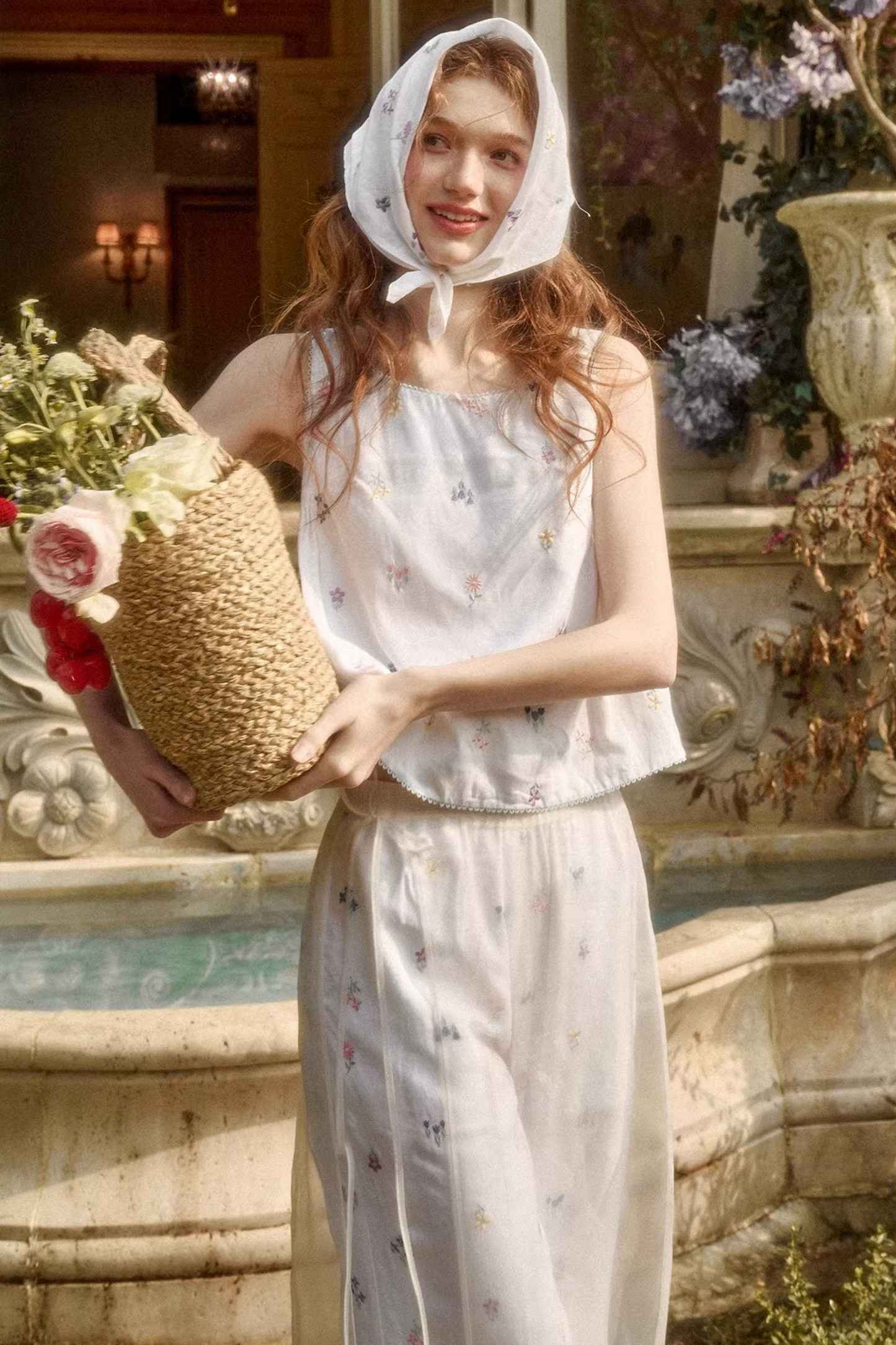 レトロフラワードレス+トップス+パンツ+カーテン+スカーフ