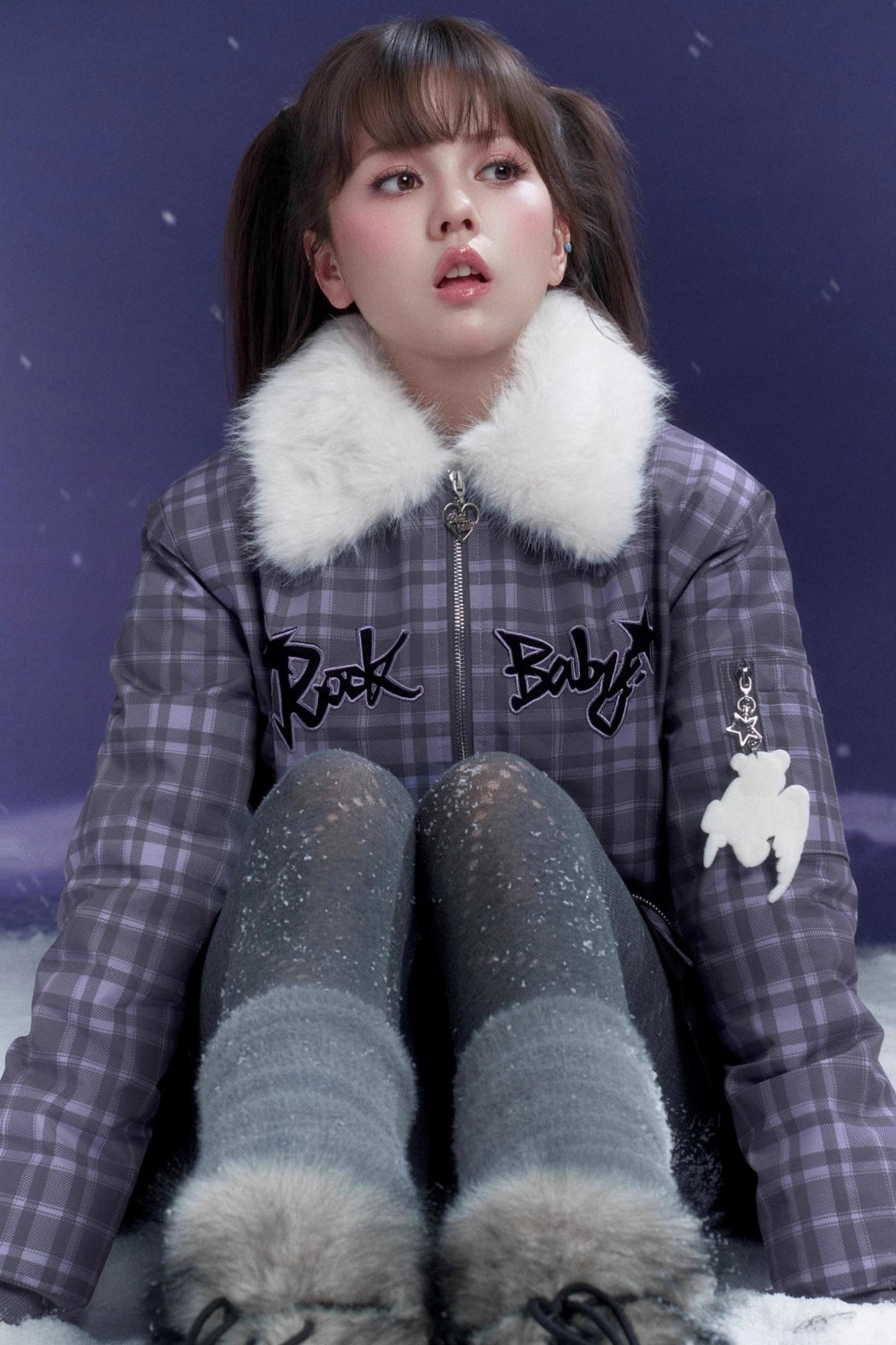 Purple Check Fur Collar Jacket