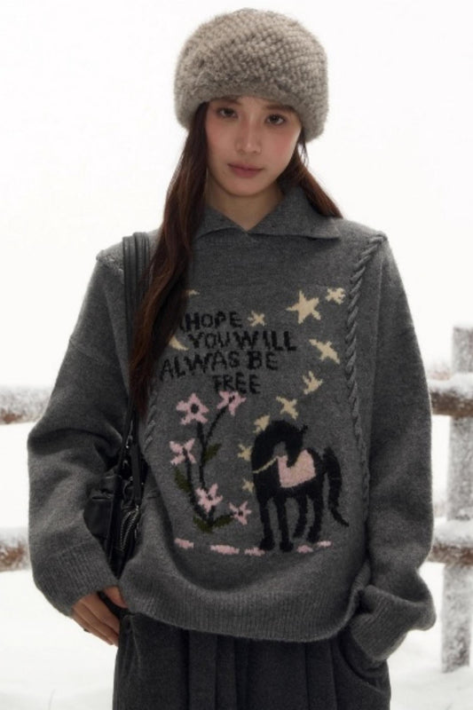 ポニーラペルカラーニットトップス