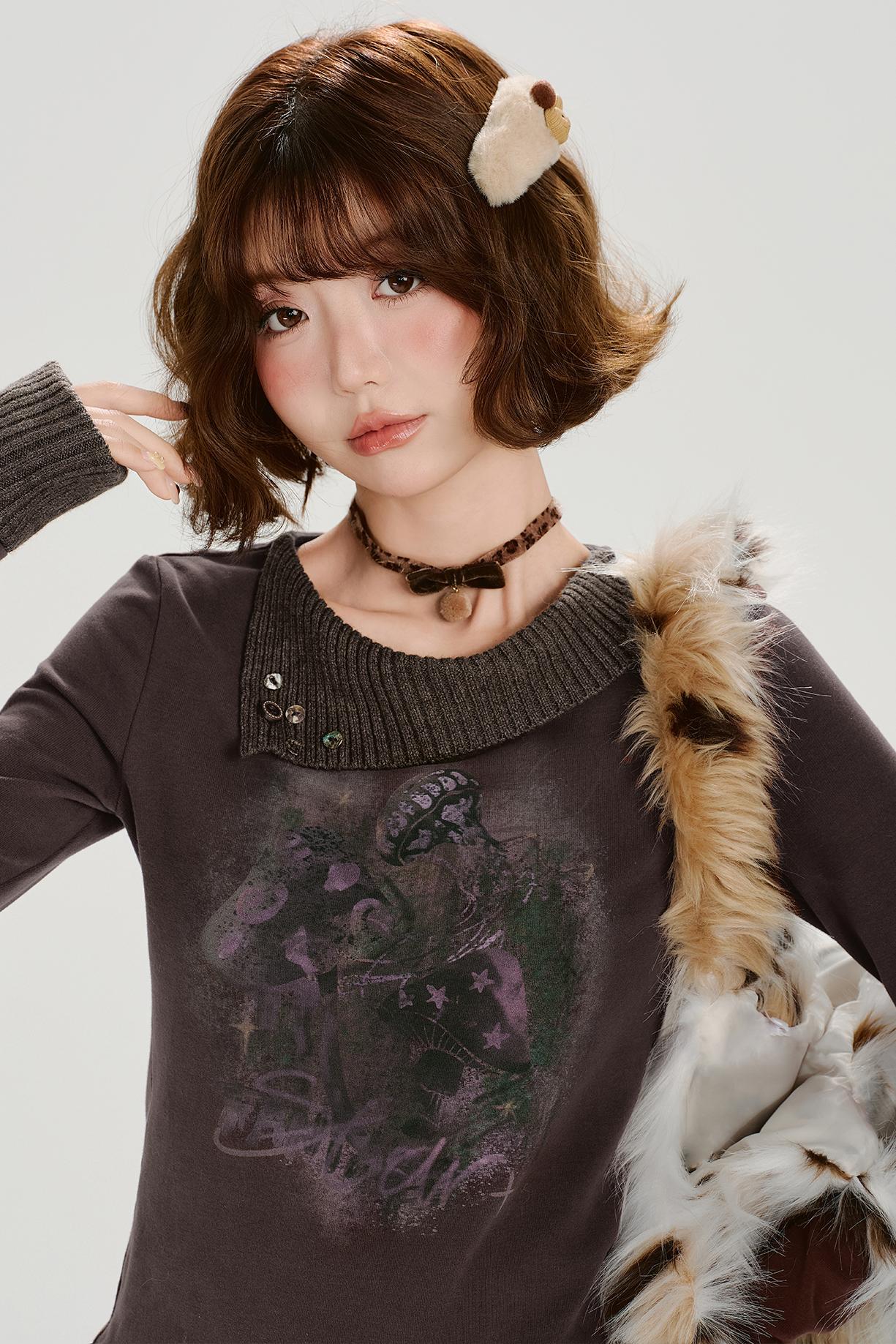 ブラウンレッドニットパッチワークトップ