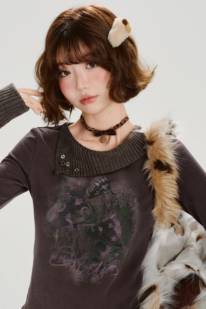 ブラウンレッドニットパッチワークトップ