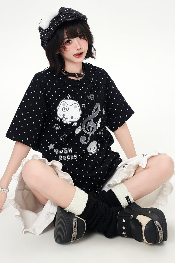キャットプリントドットタイカラールーズTシャツ