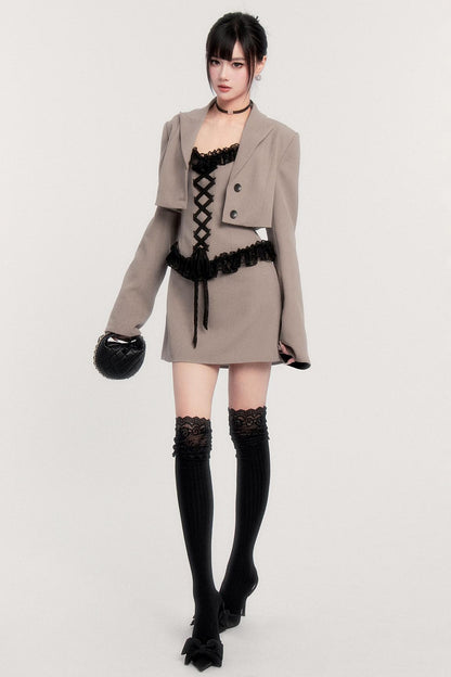 エレガントレースパッチワークドレス+ジャケット