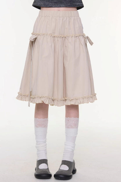 Vintage Bow Knot Khaki Midi Skirt