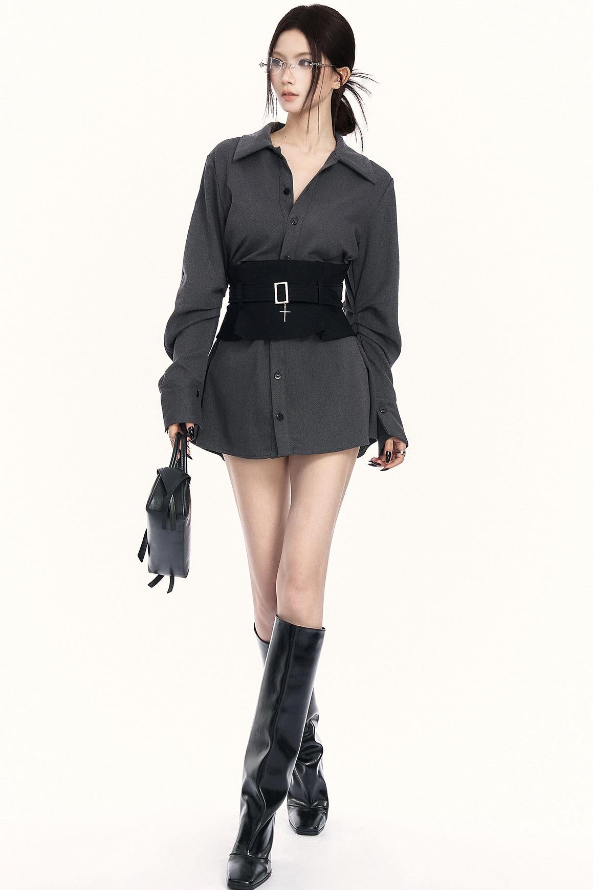 モードウエストマークレイヤードシャツ+ボトムス