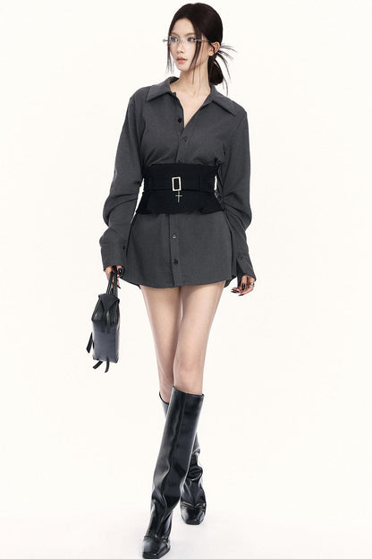 モードウエストマークレイヤードシャツ+ボトムス