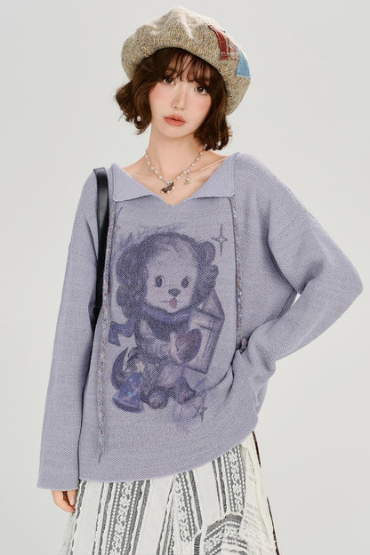 ベアプリンテッドレースアップトップス