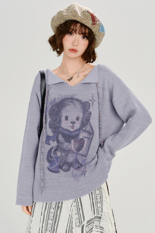 ベアプリンテッドレースアップトップス