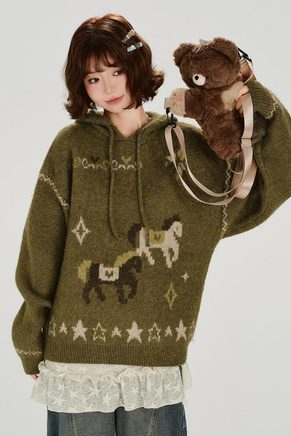 Retro Jacquard Hoodie Top