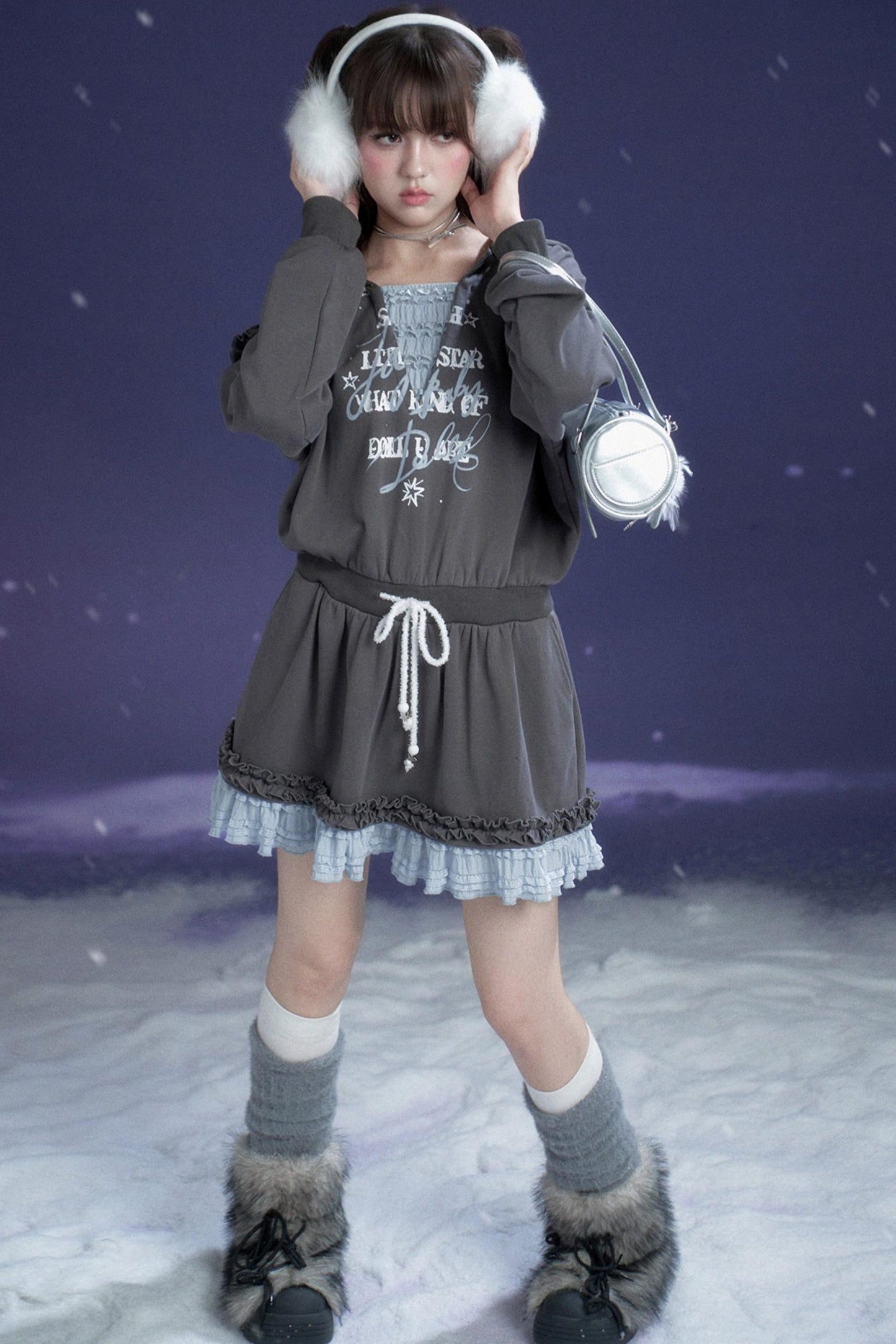 Gray-Blue Lace Hooded Dress