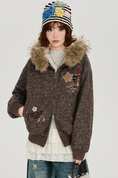 レトロファーカラーフーデッドジャケット