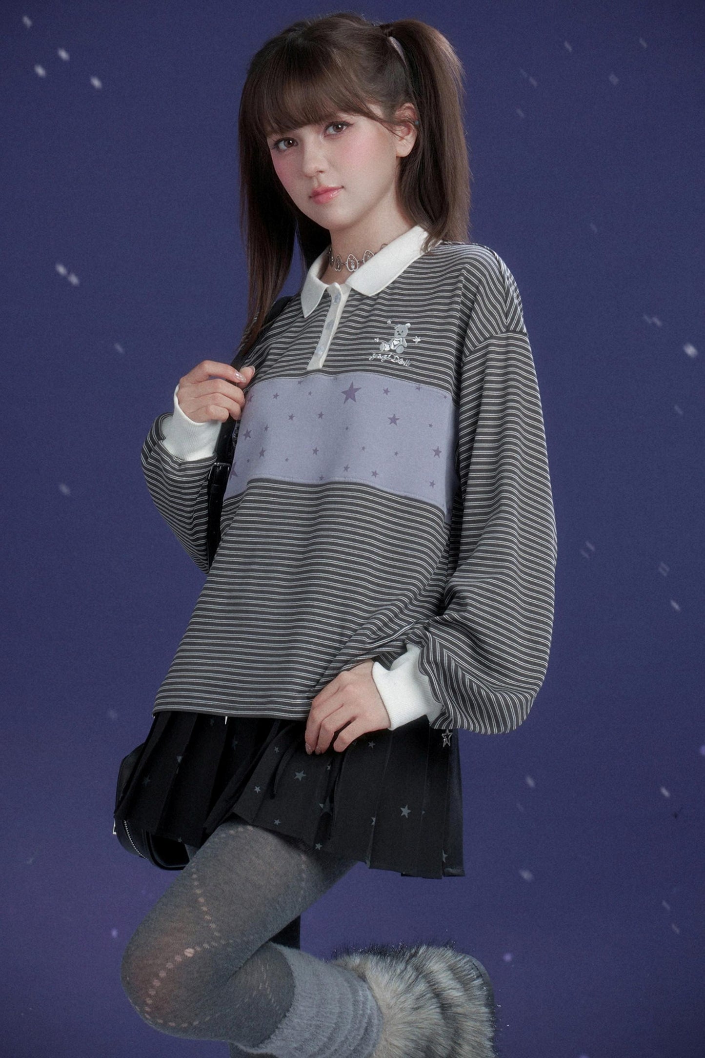 Gray and Purple Striped Polo Top