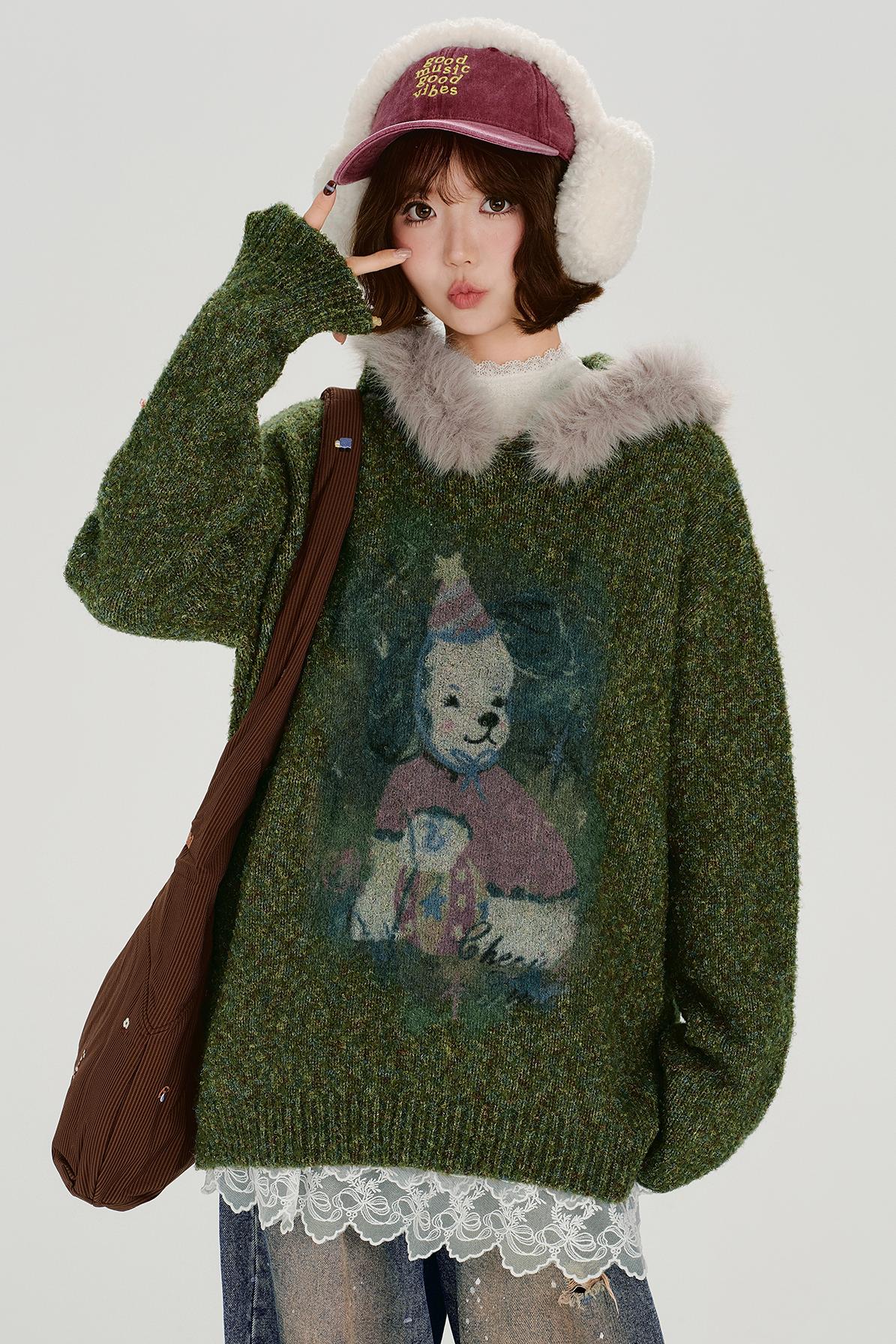 Retro Fur Collar Hoodie Sweater