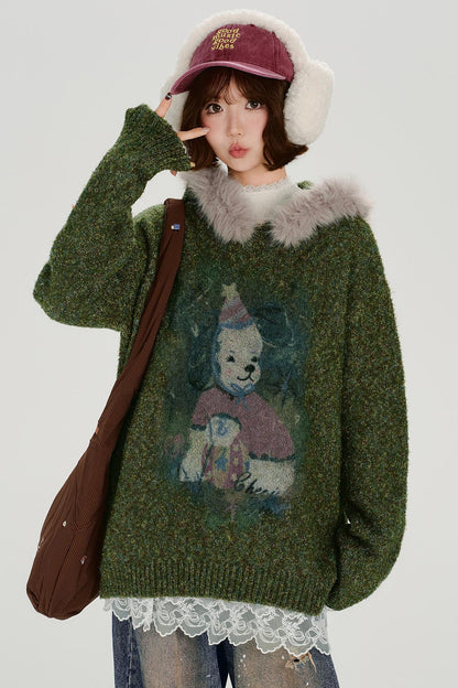 Retro Fur Collar Hoodie Sweater