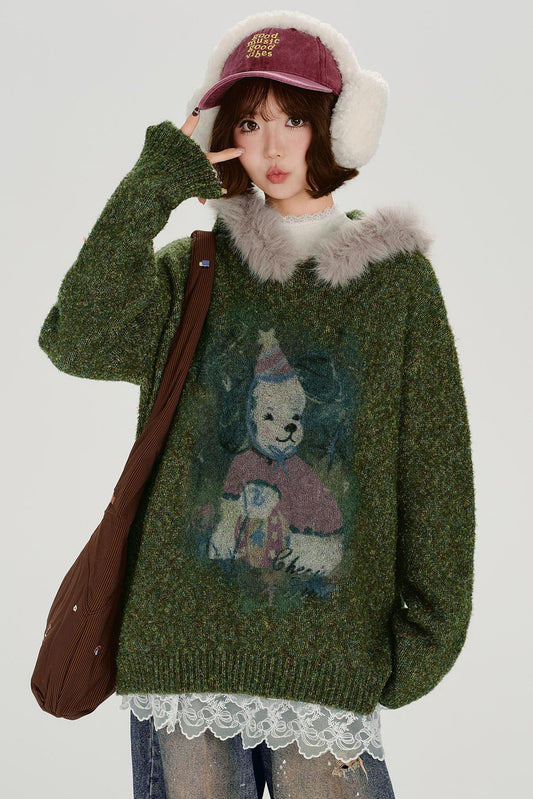 レトロファーカラールーズトップス