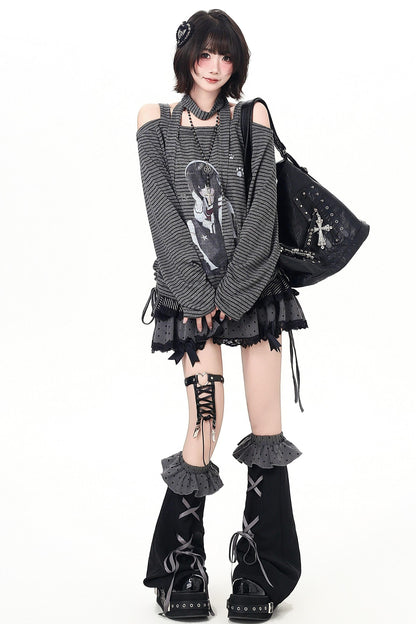 ストライプオフショルダードロストルーズロンT（ストール付き）