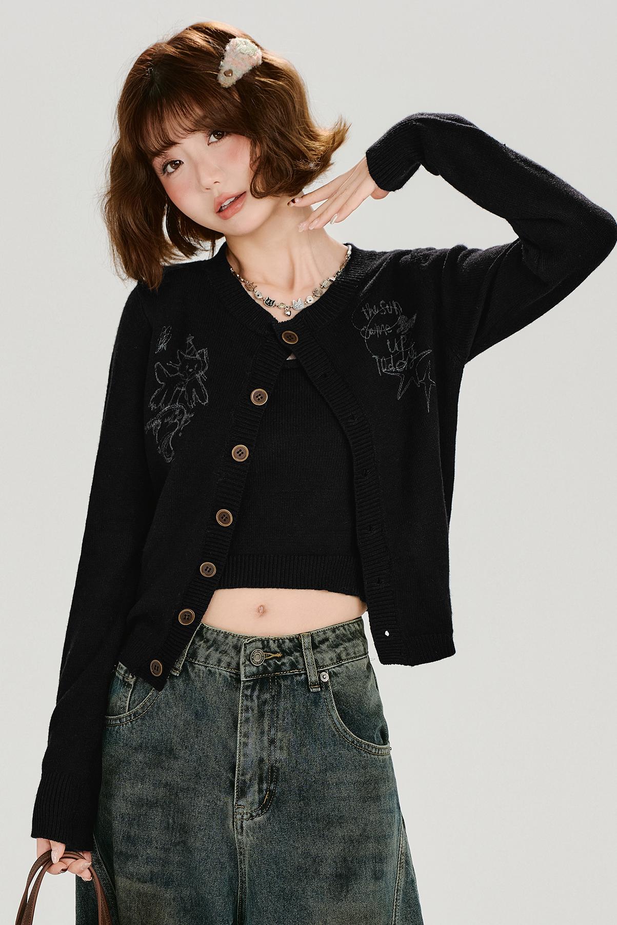 レトロプリンテッドニットカーディガンセットアップ