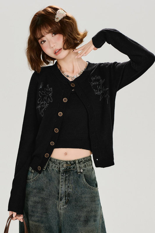 レトロプリンテッドニットカーディガンセットアップ