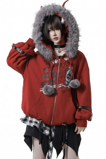 Red Furry Fleece Jacket + Top + Skirt + Accessories