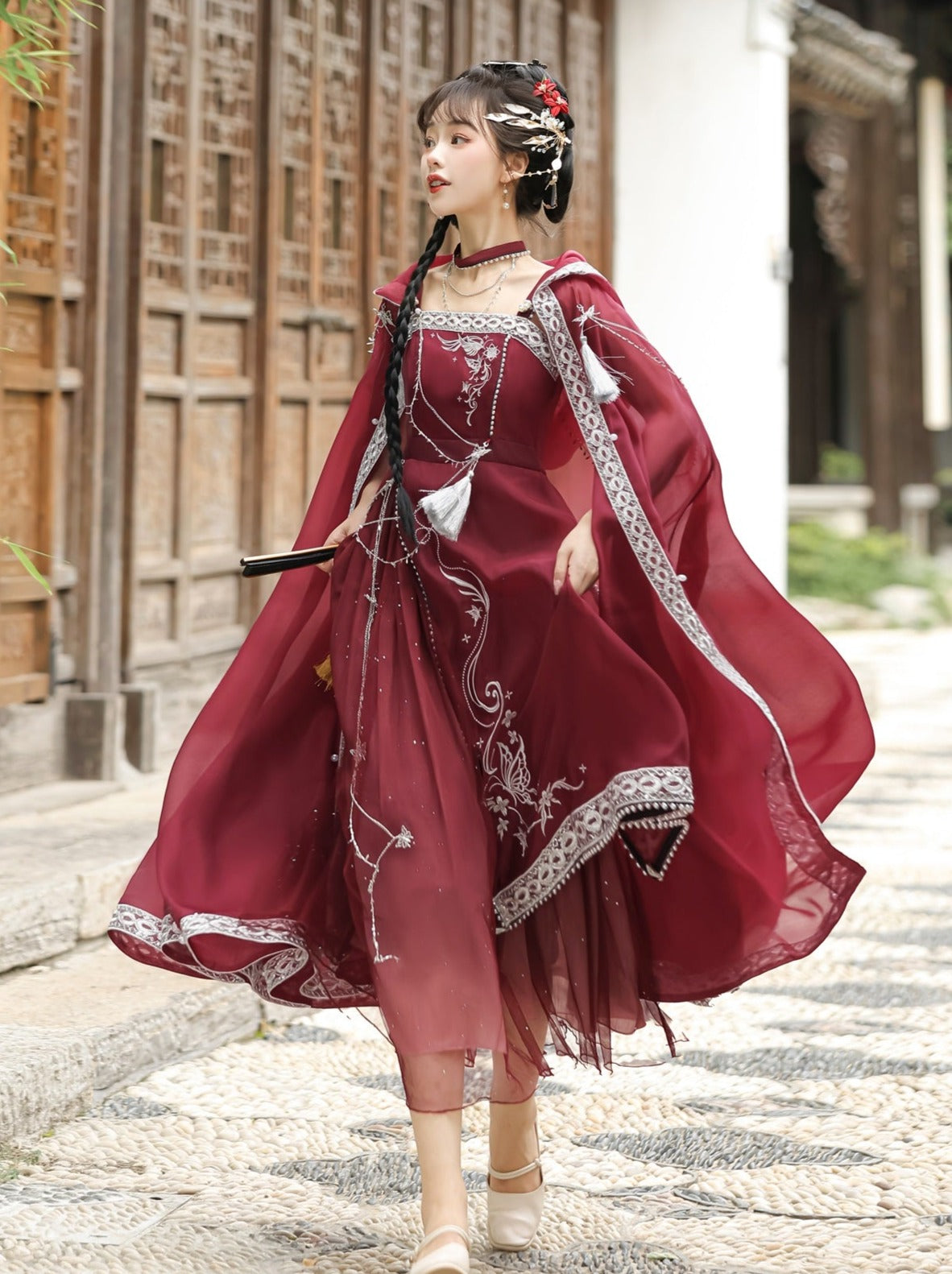 China design hooded cape + suspender dress