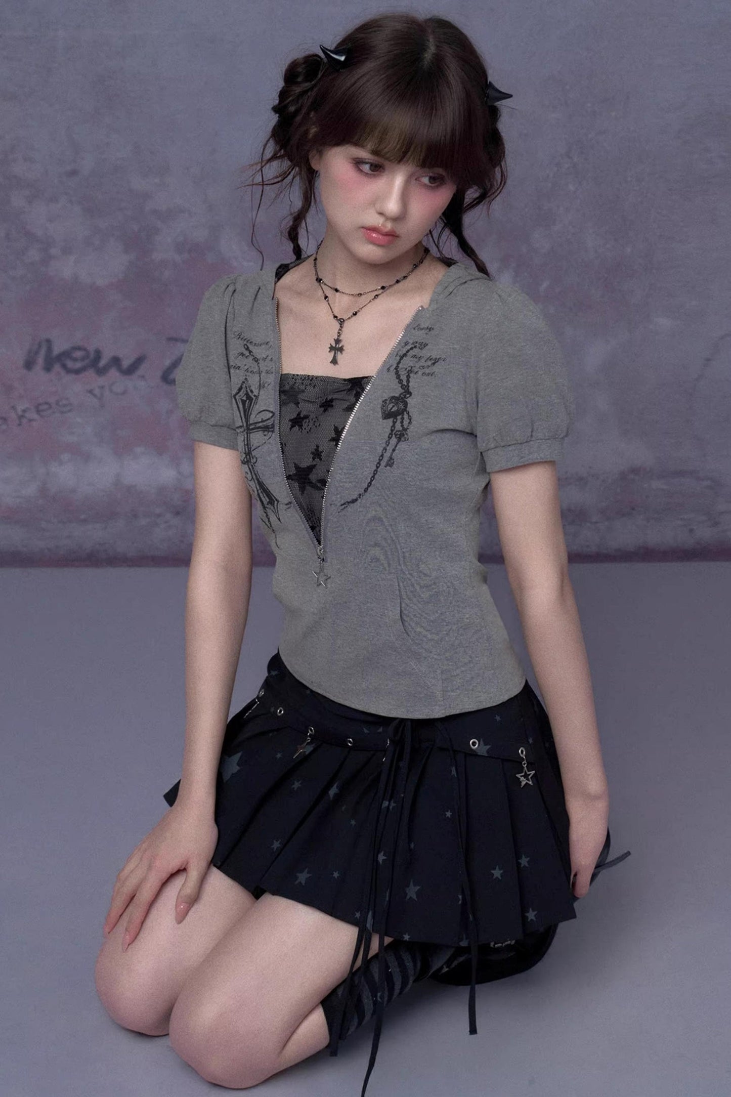 Gray Cross Hooded Top