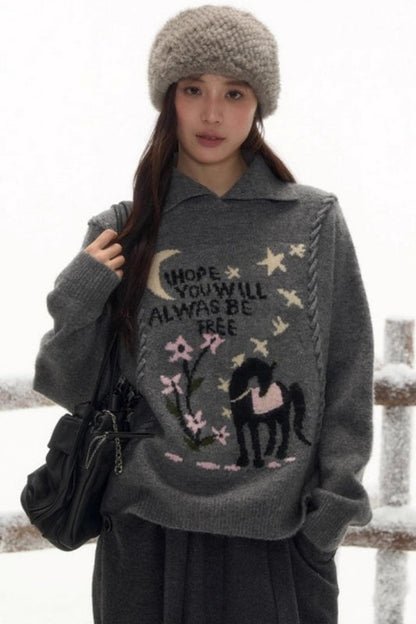 ポニーラペルカラーニットトップス