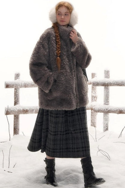 Reversible suede stand collar fur coat