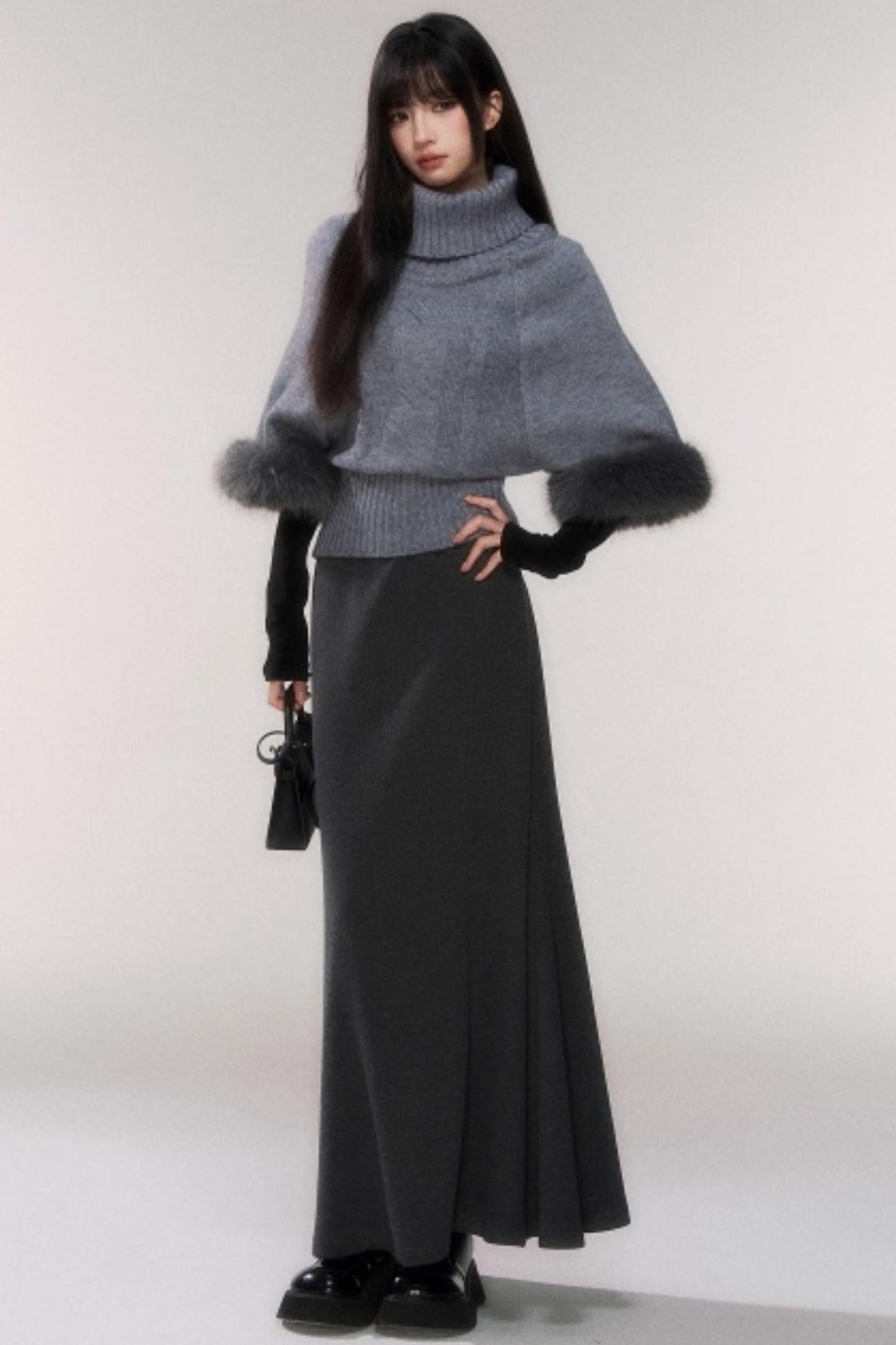 Gray Knit Twist Cape Sweater