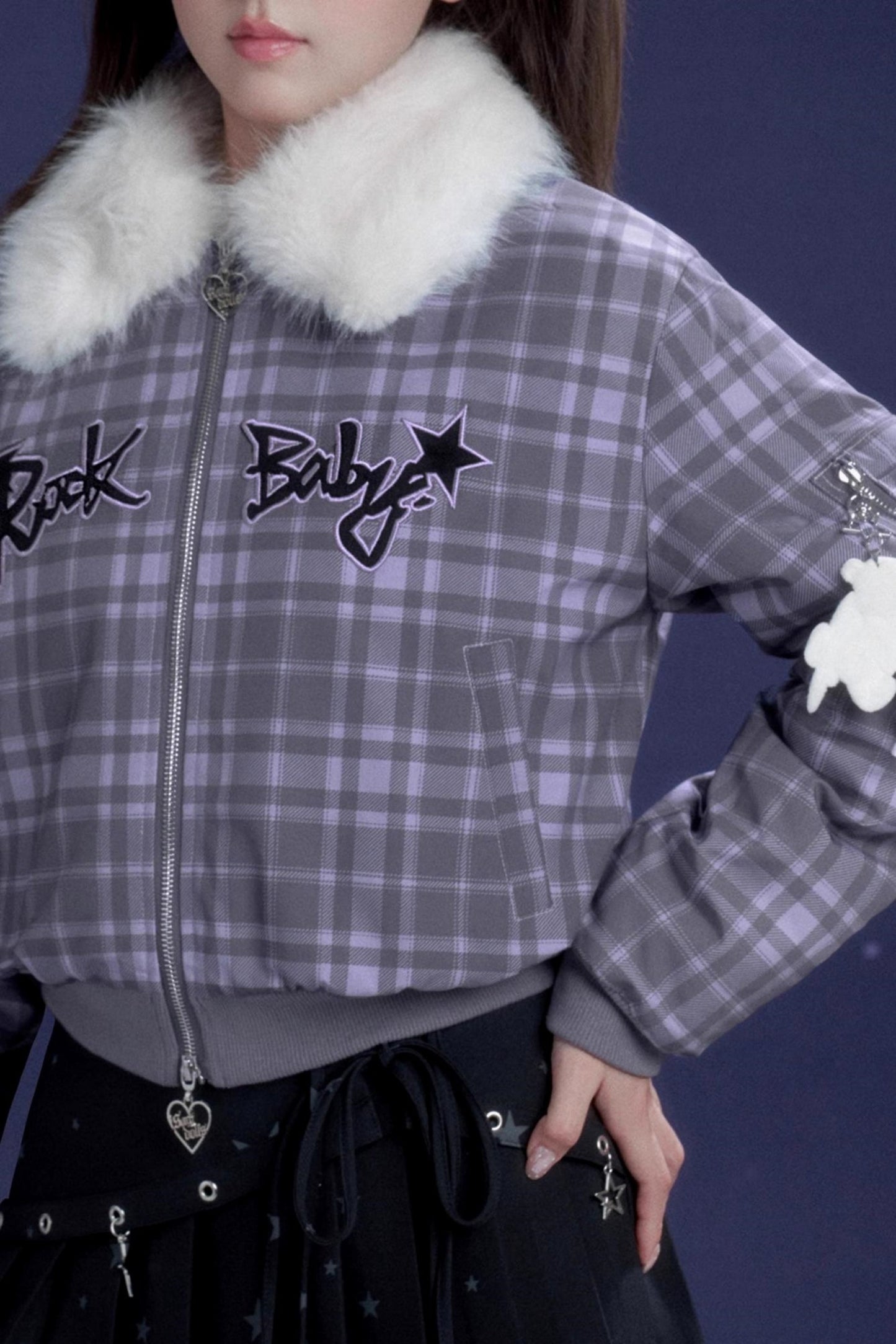 Purple Check Fur Collar Jacket