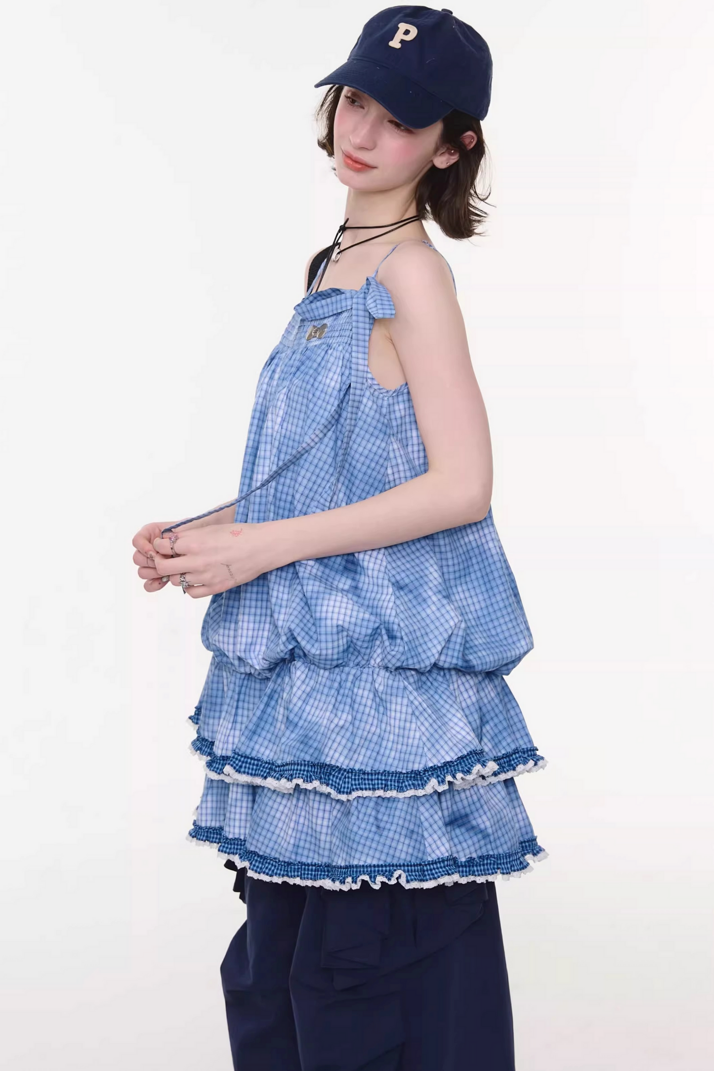 扎染蓝色格子蕾丝连衣裙