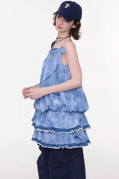 扎染蓝色格子蕾丝连衣裙