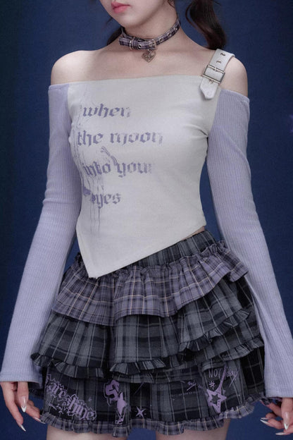 Top dulce de hombros descubiertos en gris púrpura