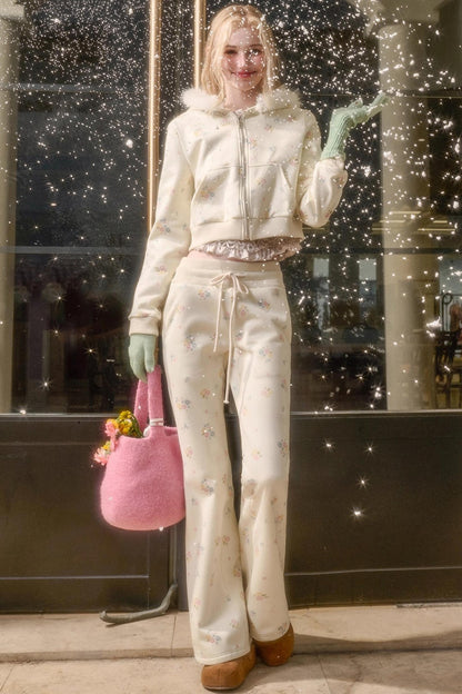 フローラルフラワーファーフードジャケット+ルーズコート+ロングパンツ