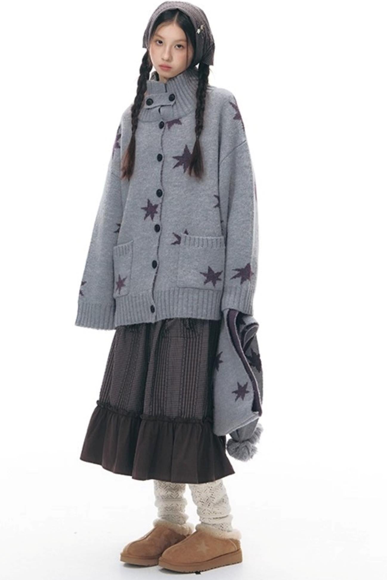 Reversible Star Cardigan + Fur Ball Hooded Scarf