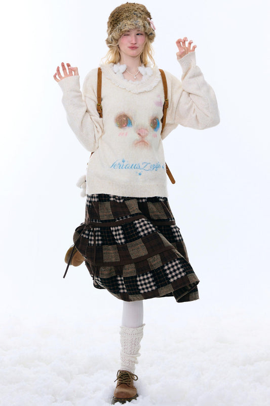 レトロキャットプラッシュカラーセーター