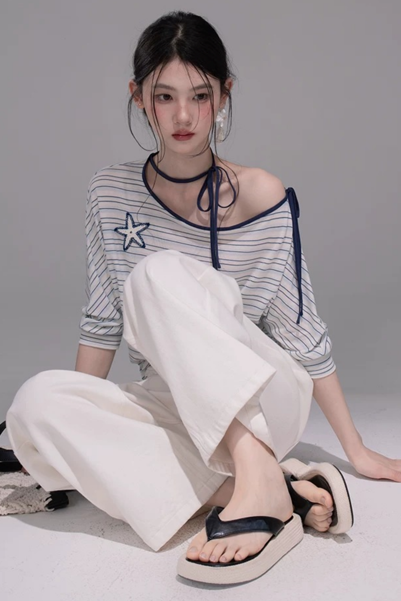 オフショルリボンスターフィッシュストライプTシャツ