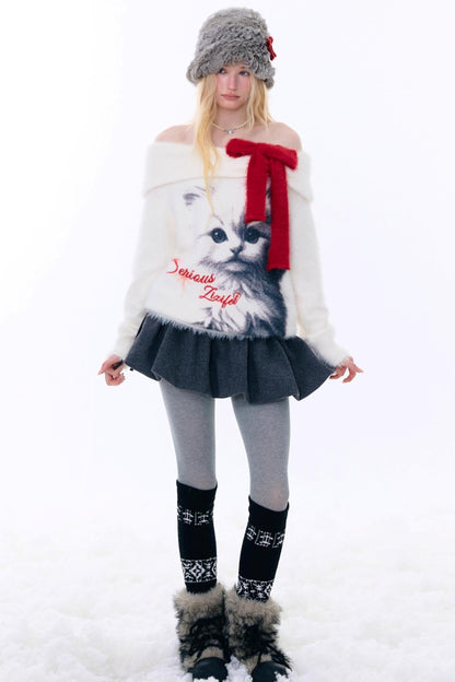 Cat print off-the-shoulder sweater