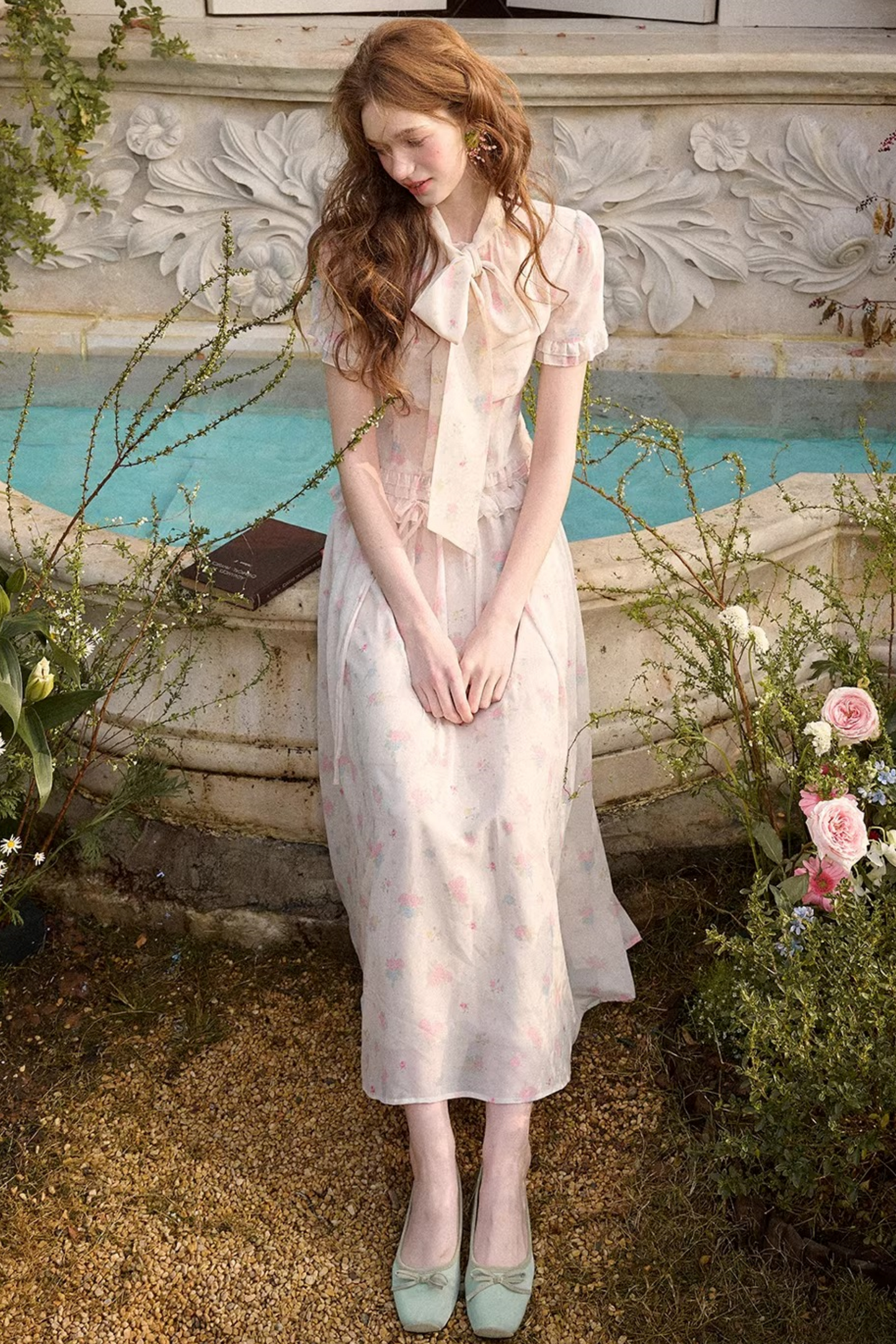 メディテラニアンプリントシフォントップス+スカート