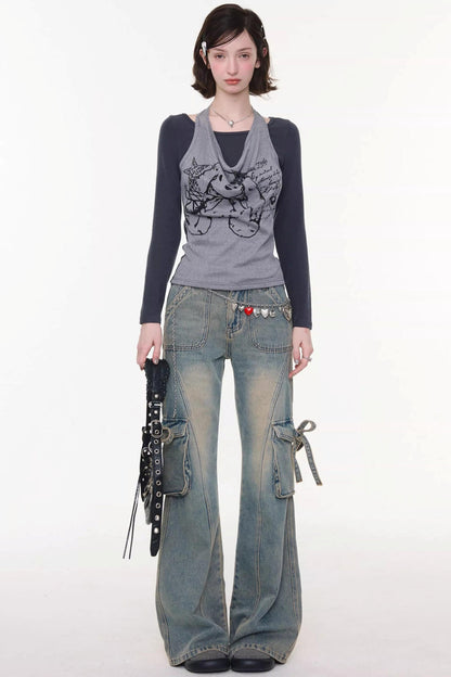 Ribbon Osh Pocket Flare Denim Pants