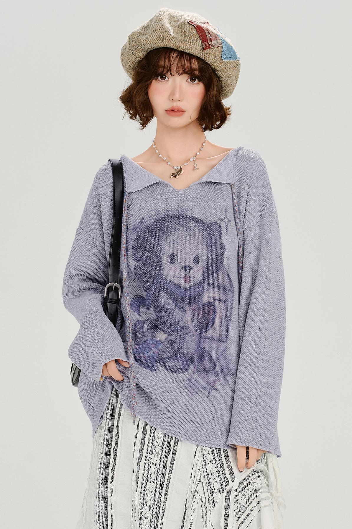 ベアプリンテッドレースアップトップス