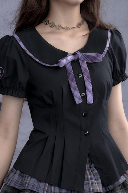 Black Purple Puff Sleeve Waist Shirt