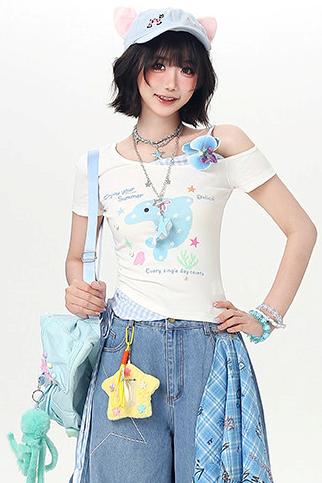 Haut d'été floral à épaules dénudées et effet deux-pièces à motif dauphin