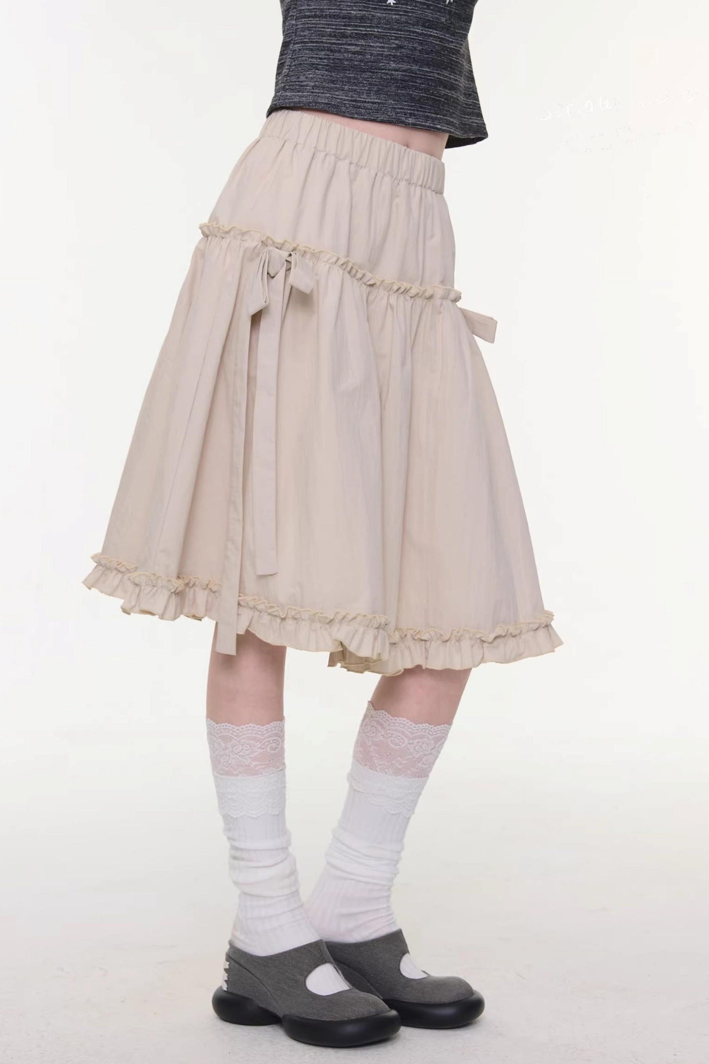 Vintage Bow Knot Khaki Midi Skirt